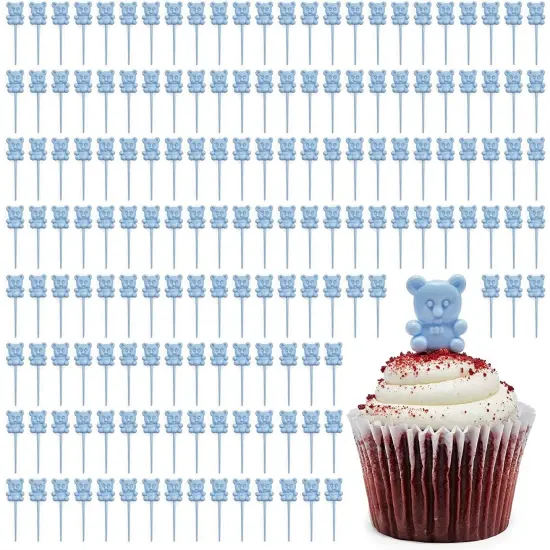 Blue Teddy Bear Cupcake Toppers, Baby Shower Decorations (0.85 x 3 In, 100 Pack) {1}