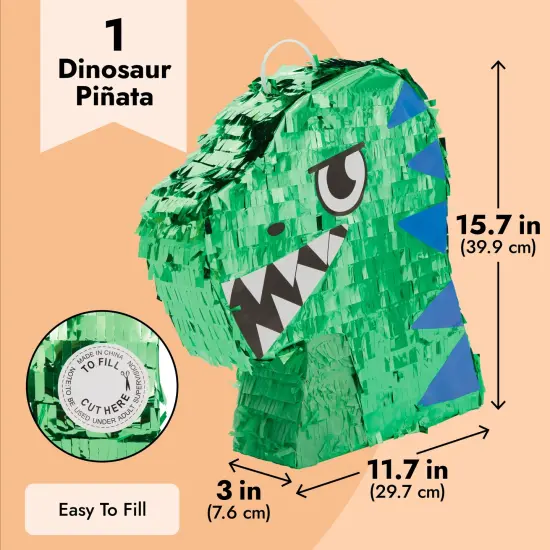 Dinosaur Pinata for Boys Birthday T-Rex Themed Party Supplies, Green Foil Dino Decorations (Small, 11.7 x 3.0 x 15.7 In) {3}