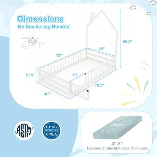 Wooden Twin Size Montessori Floor Bed with Lockable Door Guardrails and House Shape Design White {4}