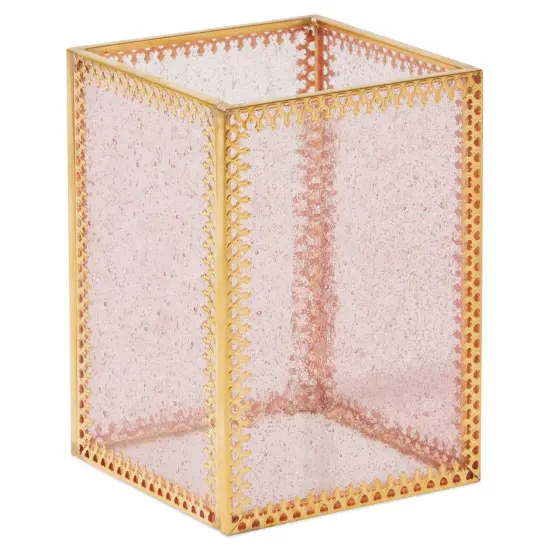 Gold Makeup Brush Holder for Vanity, Vintage Brass Frame and Pink Glass Storage Organizer {4}