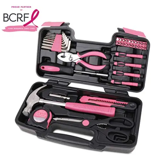 Tools Original 39 Piece General Household Tool Set in Toolbox Storage Case with Essential Hand Tools for Everyday Home Repairs, DIY and Crafts - Pink Ribbon - Pink - DT9706P {1}
