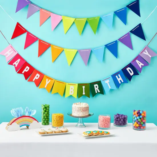 8 Feet Rainbow Happy Birthday Banner with 3 Colorful Felt Pennant Flag Banners (6 Feet) for Party Decorations Multicolor {2}
