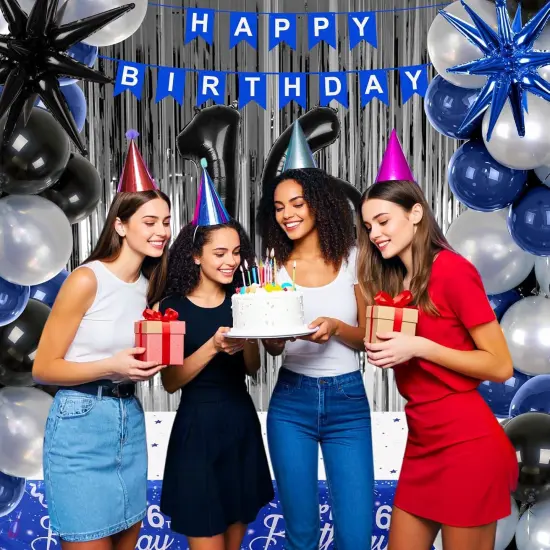 16th Birthday Decorations for Boys and Girls, Blue and Silver 16th Birthday Party Decorations, HAPPY BIRTHDAY Banner Black Number 16 Balloons Garland 16 Years Old Bday Party Supplies with Tablecloth {2}