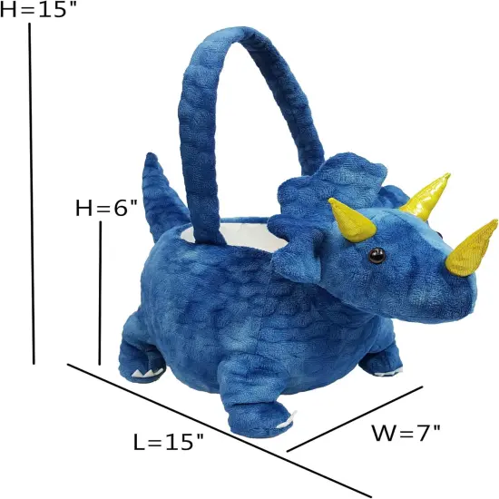 Adorable 3D Dark Blue Plush Triceratops Basket Easter Dinosaur Basket Easter Egg Hunting Basket Halloween Trick or Treat Basket {4}