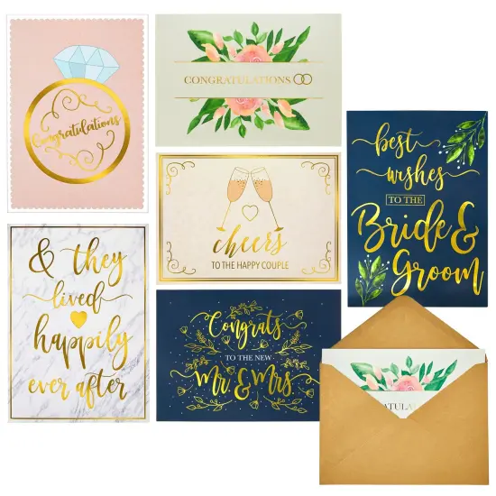 24 Pack Wedding Cards for Bride and Groom with Gold Envelopes, Engagement Congratulations, 6 Gold Foil Designs (5x7 In) {1}