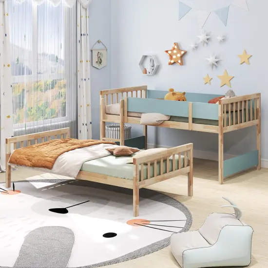 Wooden Twin Over Twin Convertible Bunk Bed with Guardrails and Under-bed Storage Natural {3}