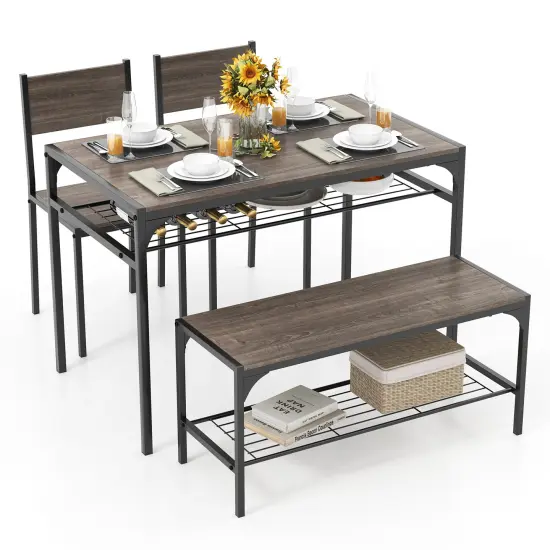 Wood Industrial Rectangular Dining Table with Bench and Metal Chairs Grey {4}