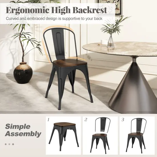 Metal Style Dining Chairs Set of 4, Stackable Kitchen Chairs with Wood Seat Black {6}