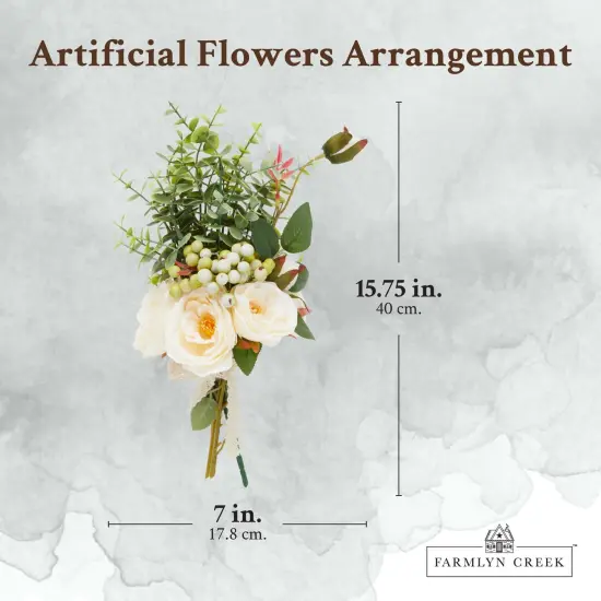 Champagne Silk Roses, Eucalyptus and Berry Bridal Bouquet, Wedding Centerpiece (15.7x7 In) Pink {3}