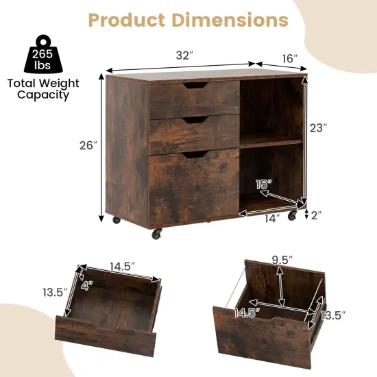 Modern Mobile File Storage Cabinet with Large Tabletop 3 Drawers and Smooth Rolling Wheels Rustic Brown {5}