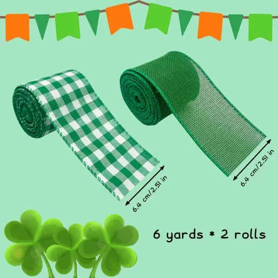 2 Rolls Buffalo Plaid Wired Edge Ribbons 2.5 Inch Wide St Patrick's Day Green Fabric Ribbons Irish Festival Burlap Ribbons for Gift Wrapping Wreath Party Decoration DIY Craft Supplies, 12 Yards {1}