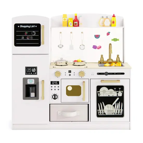Wooden Kids Kitchen Playset with Chalkboard, Ice Maker, Sink & Lighted Microwave White {1}