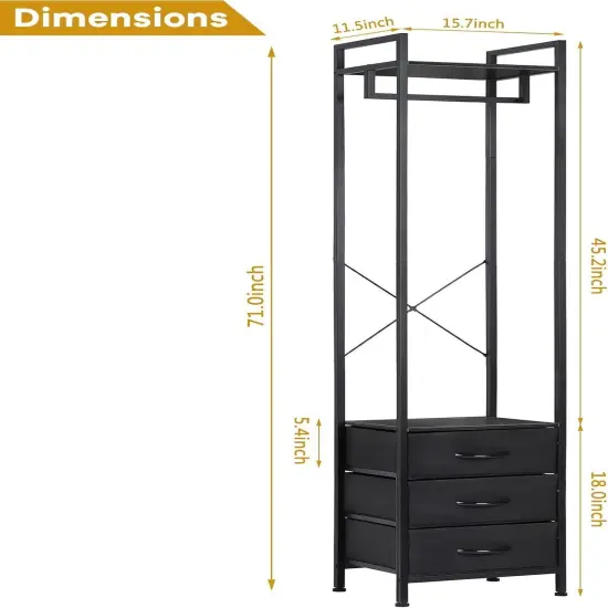 Heavy Duty Garment Rack with 3 Drawers & Shelves | 71" Tall Multi-Functional Clothing Organizer | Industrial-Strength Metal & Pine Wood Wardrobe for Bedroom, Entryway {2}