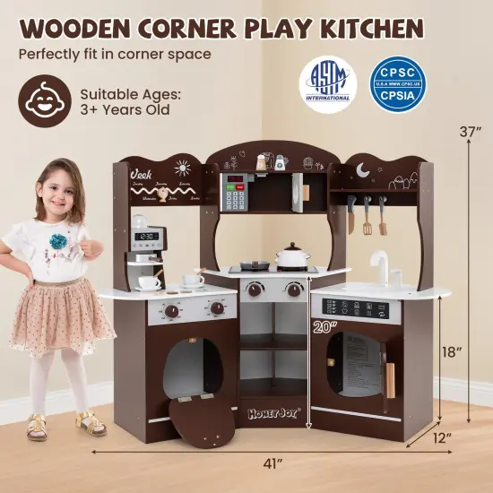 Wooden Corner Play Kitchen with Coffee Machine, Slide, and Storage for Kids Brown {4}