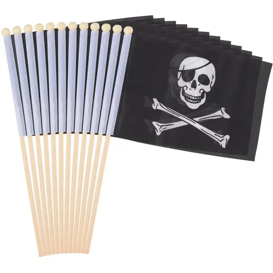 12-Piece Jolly Roger Stick Flags - Black Pirate Hand-Held Flags, Polyester Stick Flag Banners, Decorations Parties, Parades Festivals, 5.5 X 8.3 inches {1}