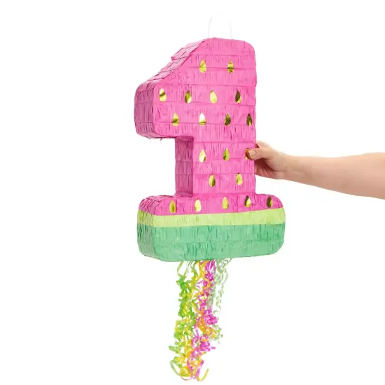 Pull String Number 1 Watermelon Pinata for 1st Birthday Party Supplies, One In A Melon Party Decorations, Baby Shower (Small, 16.5x11x3 In) Pink {4}