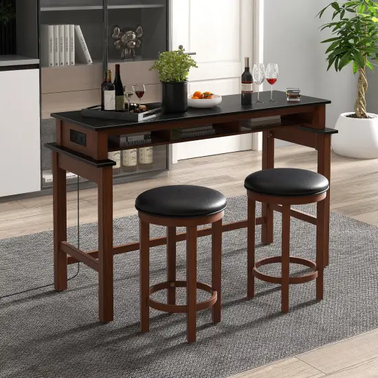 3-Piece Home Bar Set with 2 Upholstered Bar Stools Outlets and USB Ports Black {2}