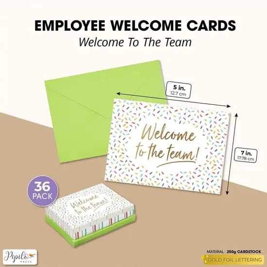 36 Pack Welcome to the Team Cards Bulk, New Hire Welcome Gift for Employees (Gold Foil and Confetti Design, Green Envelopes, 5x7 in) Multicolor {2}