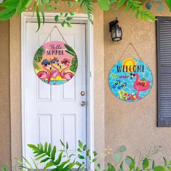 3 Pcs Hello Summer Door Sign 12 Inch Summer Wooden Welcome Sign Front Decoration Flamingo Swimming Pool Ice Cream Door Hanger for Home Porch Holiday Hanging Decor {5}