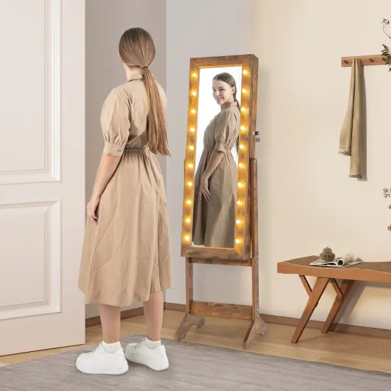 Full Length Mirror Jewelry Cabinet with 20 Warm Lights and 4 Tilt Angles Rustic Brown {2}