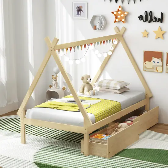 Wooden House Bed with Storage Drawers and DIY Playhouse Design for Kids Natural {5}