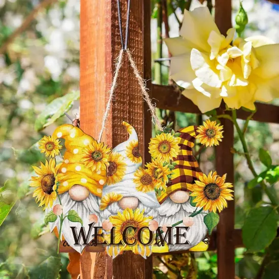 Sunflower Welcome Wood Door Hanger Wooden Gnome Sign Farmhouse Wall Porch Art Summer Fall Front Door Wreath Hanging for Bedroom Living Room Indoor Outdoor Kitchen Home Decor {5}