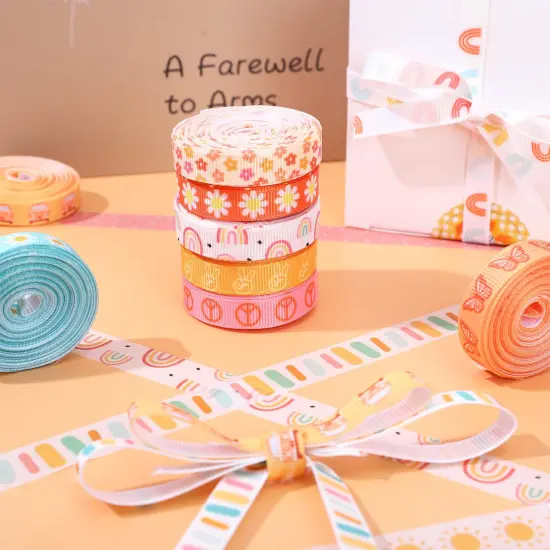 12 Rolls Groovy Retro Hippie Boho Ribbon Rainbow Butterfly Daisy Flower Craft Ribbon 60 Yards 3/8 Inch Printed Grosgrain Fabric Ribbon for Wreath Bow Making DIY Crafts Wrapping {5}