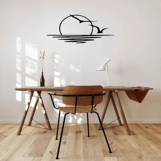 Summer Sun Metal Wall Art Abstract Sunset with Seagulls Metal Wall Decor Minimalist Sunrise Line Art for Living Room Kitchen Bathroom Indoor Outdoor {4}