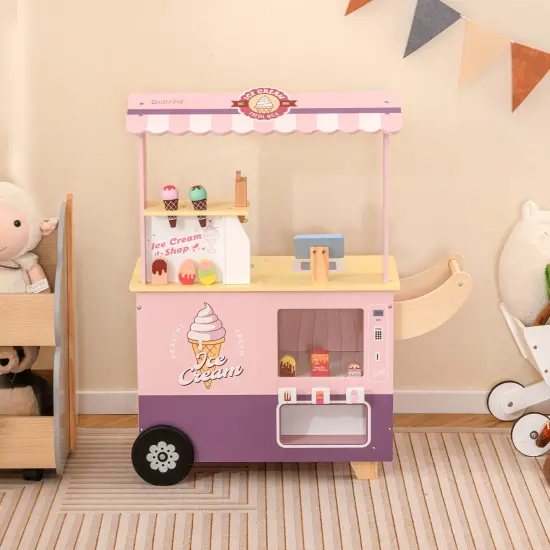 Colorful Wooden Ice Cream Truck Pretend Play Set for Toddlers with Vending Machine, Interactive Role-Playing Toy Pink {2}