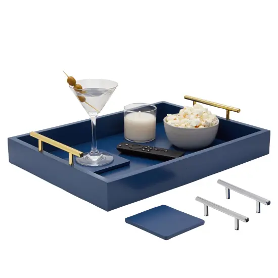 Blue Serving Tray for Coffee Table, 16x12" with Coasters, Decorative Interchangeable Gold and Silver Handles {1}