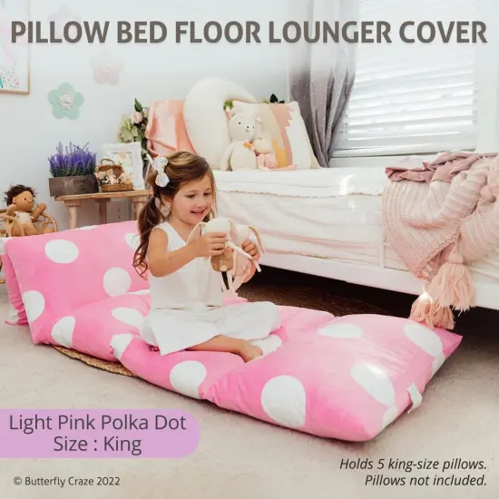 Butterfly Craze Floor Pillow Case, Mattress Bed Lounger Cover, Polka Pink, King Size - Cozy Seating Solution for Kids 3-14, Recliner Cushion, Perfect for Reading, TV Time (Pillow Not Included) {3}