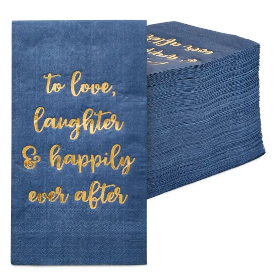 100-Pack Navy Blue Napkins for Wedding Reception with "To Love, Laughter & Happily Ever After" in Gold Script (3-Ply 4x8 in) {1}