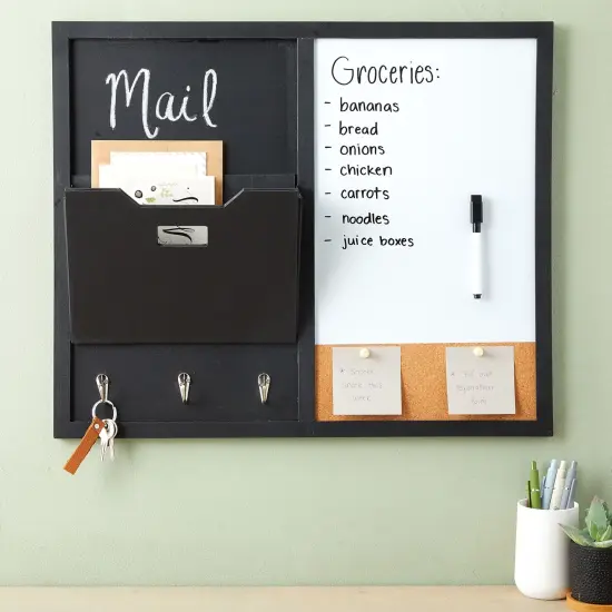 Juvale Message Command Center & Wall Mounted Organizer, Family Office Whiteboard, Chalkboard, Cork Board Combo, Mail Inbox Sorter, Key Hooks & Magnets (21.9 x 18.2 x 0.6 inch) Black {2}
