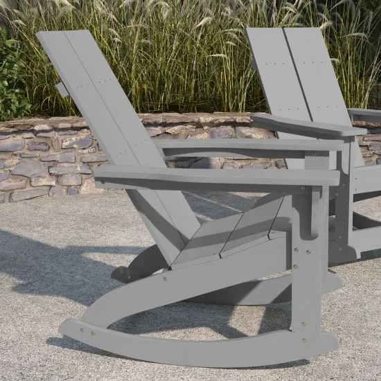 Merrick Lane Set of 2 Wellington UV Treated All-Weather Polyresin Adirondack Rocking Chair for Patio, Sunroom, Deck and More Gray {3}