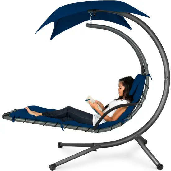 Best Choice Products Hanging Curved Chaise Lounge Chair Swing for Backyard, Patio w/ Pillow, Shade, Stand Navy Blue {1}