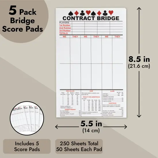 250 Sheets Contract Bridge Score Pads and Tallies, Game Scoring Cards Supplies, Large Print with Trick Values (5 Notepads) {5}