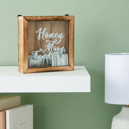 Wood Honeymoon Fund Box Wedding Gifts, Shadow Piggy Bank, Rustic Home Decor Supplies (7x7 In) Brown {2}