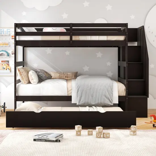Twin Bunk Bed with Guard Rail and 4-Step Storage Stairs No Box Spring Needed Brown {3}