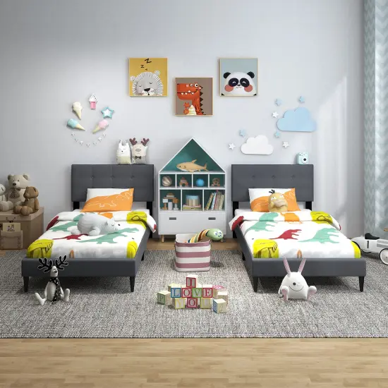 Linen Upholstered Twin Size Platform Bed with Button Tufted Headboard Grey {5}