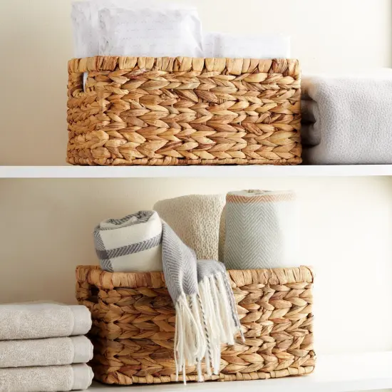 2 Pack Small Rectangular Wicker Baskets for Shelves, 6 Inch Wide Hand Woven Water Hyacinth Baskets for Shelf Organizing, Storage Brown {3}