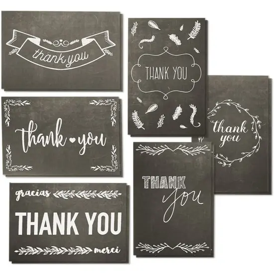 144-Count Thank You Cards with Envelopes, Blank 6 Assorted Bulk Thank You Greeting Notes Black and White Chalkboard Designs for Graduation Baby and Bridal Shower Birthday Wedding Party, 4 x 6 inches {1}