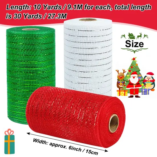 3 Rolls Mesh Ribbon for Wreaths, 6 Inch x 30 Feet Each Roll Red Green White Poly Deco Mesh Rolls, Christmas Ribbon for Wreaths, Swags and Christmas Tree Decoration {6}