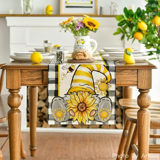 Buffalo Plaid Sunflower Gnomes Bee Summer Table Runner, Seasonal Kitchen Dining Table Decoration for Home Party Decor 13x72 Inch {2}