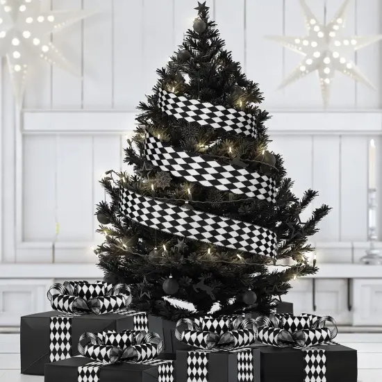 2 Rolls Christmas Checkered Ribbon Black and White Check Ribbon Diamond Check Wired Edge Ribbon Diamond Pattern Decorative Ribbons for Christmas Fall Tree Wrapping DIY Crafts (2.6 Inch) {4}