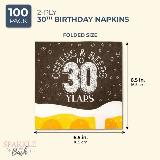 Cheers & Beers Paper Napkins for 30th Birthday Party (6.5 x 6.5 In, 100 Pack) Black {2}