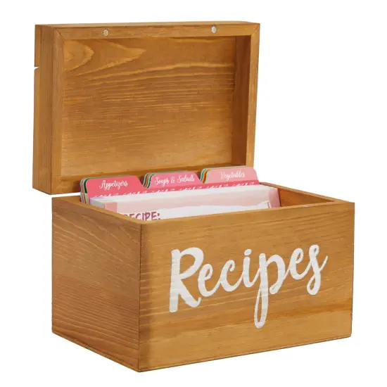 Wooden Recipe Box (7x5x5 in) with Cards and 24 Dividers with Meat, Veggie, Dessert Tabs Brown {5}