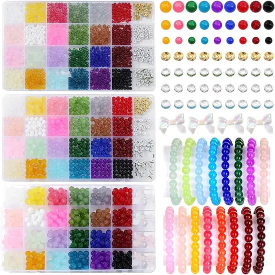 2450pcs Glass Beads for Jewelry Making Kit -24 Colors 4mm/6mm/8mm Crystal Beads Bracelet Jewelry Making Kit DIY Crafts, 3 Box Round Beads Suitable Kit for Beginners Adults Christmas Holiday Gifts {1}