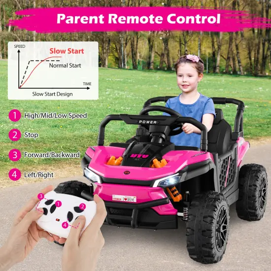 Red 12V Ride-On Truck Off-Road UTV for Kids with Parental Remote & LED Lights Pink {5}