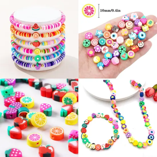 1000PCS Polymer Clay Beads Bracelet Making kit, 24 Style Cute Fun Beads Fruit Flower Animal Cake Butterfly Heart Beads Charms for Jewelry Necklace Earring Making DIY Accessories for Women Girls {4}
