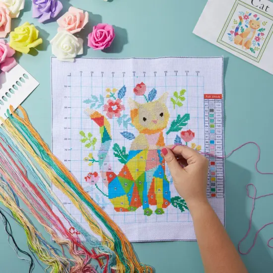 Pack of 2, Fox and Cat Stamped Counted Cross Stitch, Embroidery Beginner Kit with 11 CT Cloth, Needles, Thread Multicolor {2}